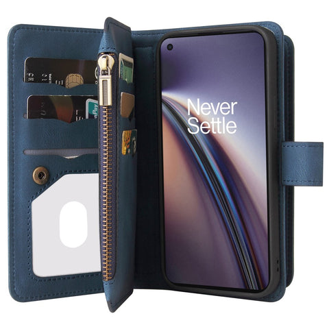 For OnePlus Nord CE 5G Zipper Wallet Case with 15 Card Slots and Strap Leather Phone Cover