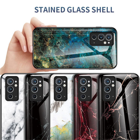 Hard Tempered Glass Back Shell Marble Pattern TPU Shockproof Cover for OnePlus 9RT 5G