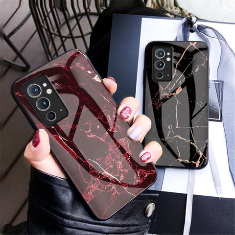 Hard Tempered Glass Back Shell Marble Pattern TPU Shockproof Cover for OnePlus 9RT 5G