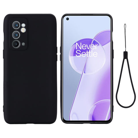 For OnePlus 9RT 5G Liquid Silicone Cell Phone Case Anti-scratch Solid Color Shell Cover with Strap