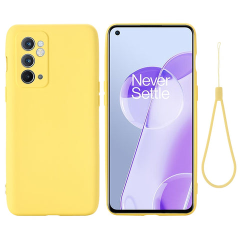 For OnePlus 9RT 5G Liquid Silicone Cell Phone Case Anti-scratch Solid Color Shell Cover with Strap