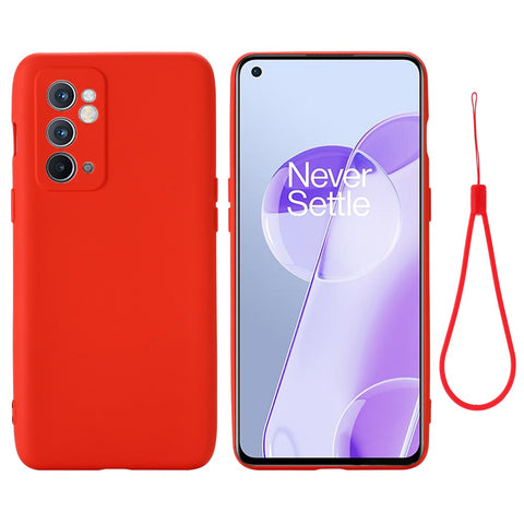 For OnePlus 9RT 5G Liquid Silicone Cell Phone Case Anti-scratch Solid Color Shell Cover with Strap