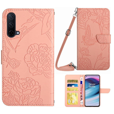 For OnePlus Nord CE 5G/Nord Core Edition 5G Protective Case PU Leather Wallet Case Butterfly Flowers Imprinting Folio Flip Cover Shockproof Stand Shell with Shoulder Strap