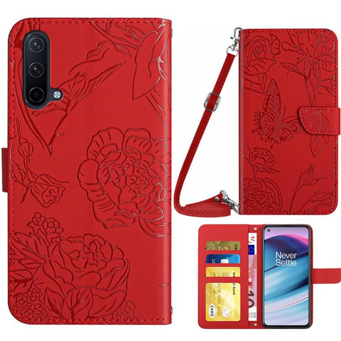 For OnePlus Nord CE 5G/Nord Core Edition 5G Protective Case PU Leather Wallet Case Butterfly Flowers Imprinting Folio Flip Cover Shockproof Stand Shell with Shoulder Strap