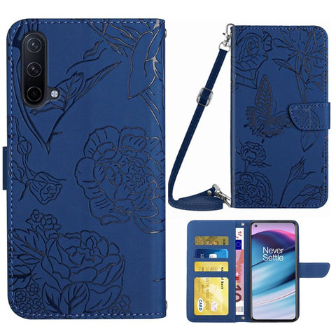 For OnePlus Nord CE 5G/Nord Core Edition 5G Protective Case PU Leather Wallet Case Butterfly Flowers Imprinting Folio Flip Cover Shockproof Stand Shell with Shoulder Strap