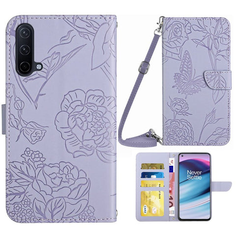 For OnePlus Nord CE 5G/Nord Core Edition 5G Protective Case PU Leather Wallet Case Butterfly Flowers Imprinting Folio Flip Cover Shockproof Stand Shell with Shoulder Strap