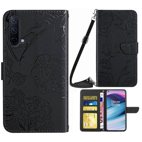 For OnePlus Nord CE 5G/Nord Core Edition 5G Protective Case PU Leather Wallet Case Butterfly Flowers Imprinting Folio Flip Cover Shockproof Stand Shell with Shoulder Strap