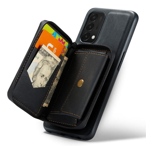 JEEHOOD For OnePlus Nord N200 5G Detachable Drop-proof Magnetic Zipper Wallet Style Cover Leather Coated TPU Phone Protector with Kickstand