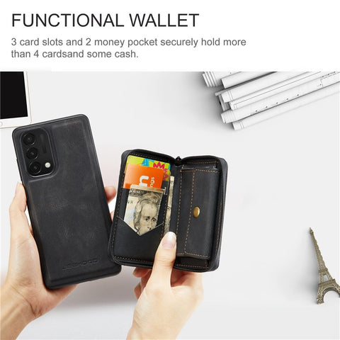 JEEHOOD For OnePlus Nord N200 5G Detachable Drop-proof Magnetic Zipper Wallet Style Cover Leather Coated TPU Phone Protector with Kickstand