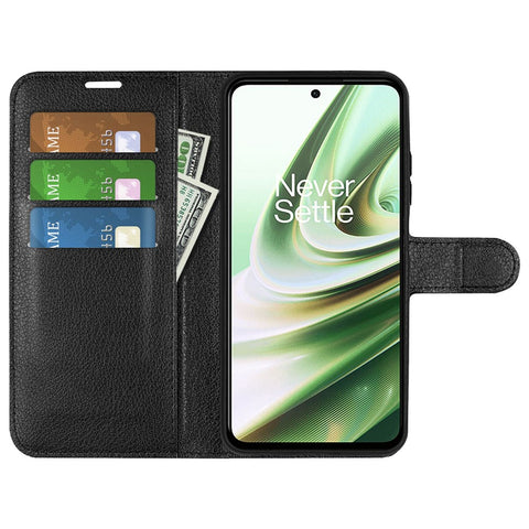 For OnePlus Ace 5G/10R 5G Folio Flip Litchi Skin Leather Case Shockproof Phone Cover with Card Slots Adjustable Folding Stand Design Wallet Phone Cover Accessory