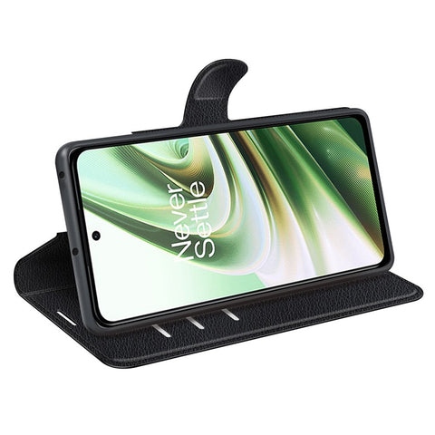 For OnePlus Ace 5G/10R 5G Folio Flip Litchi Skin Leather Case Shockproof Phone Cover with Card Slots Adjustable Folding Stand Design Wallet Phone Cover Accessory