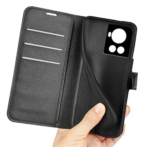 For OnePlus Ace 5G/10R 5G Folio Flip Litchi Skin Leather Case Shockproof Phone Cover with Card Slots Adjustable Folding Stand Design Wallet Phone Cover Accessory