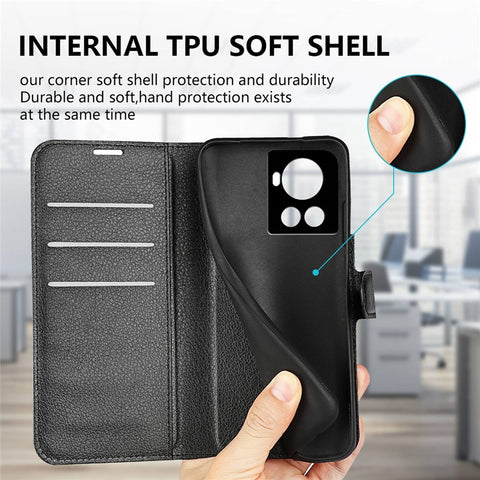 For OnePlus Ace 5G/10R 5G Folio Flip Litchi Skin Leather Case Shockproof Phone Cover with Card Slots Adjustable Folding Stand Design Wallet Phone Cover Accessory
