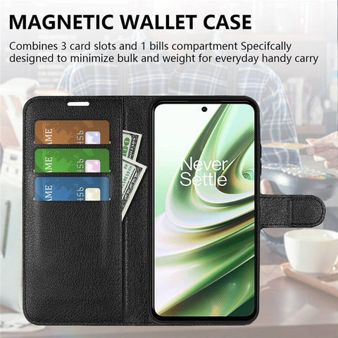 For OnePlus Ace 5G/10R 5G Folio Flip Litchi Skin Leather Case Shockproof Phone Cover with Card Slots Adjustable Folding Stand Design Wallet Phone Cover Accessory
