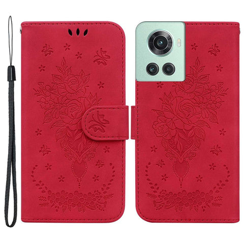 For OnePlus 10R 5G/ACE 5G Imprinted Rose and Butterflies Pattern Wallet Stand Phone Case PU Leather Full Protection Phone Cover