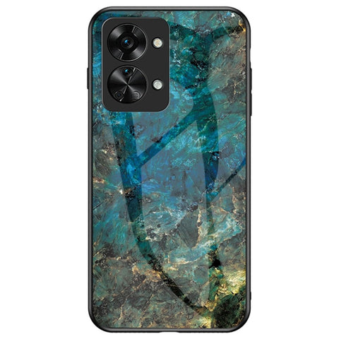 For OnePlus Nord 2T 5G Tempered Glass + PC Back TPU Frame Hybrid Cover Marble Pattern Shockproof Anti-scratch Phone Shell