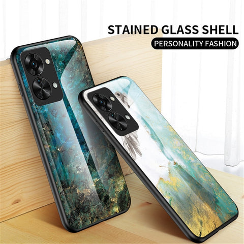 For OnePlus Nord 2T 5G Tempered Glass + PC Back TPU Frame Hybrid Cover Marble Pattern Shockproof Anti-scratch Phone Shell
