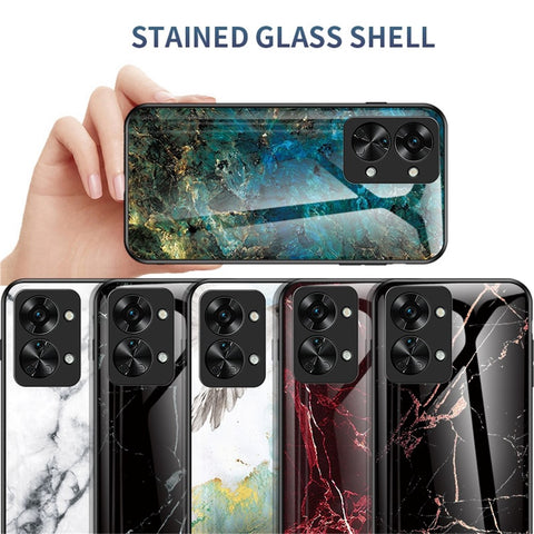 For OnePlus Nord 2T 5G Tempered Glass + PC Back TPU Frame Hybrid Cover Marble Pattern Shockproof Anti-scratch Phone Shell
