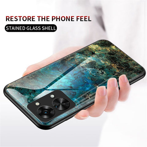 For OnePlus Nord 2T 5G Tempered Glass + PC Back TPU Frame Hybrid Cover Marble Pattern Shockproof Anti-scratch Phone Shell