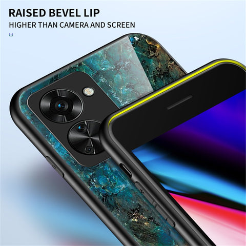 For OnePlus Nord 2T 5G Tempered Glass + PC Back TPU Frame Hybrid Cover Marble Pattern Shockproof Anti-scratch Phone Shell