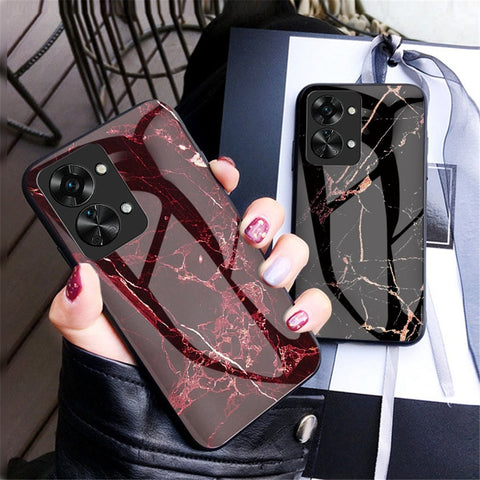 For OnePlus Nord 2T 5G Tempered Glass + PC Back TPU Frame Hybrid Cover Marble Pattern Shockproof Anti-scratch Phone Shell