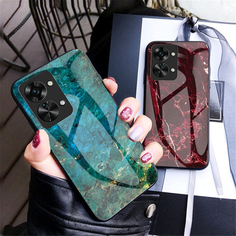 For OnePlus Nord 2T 5G Tempered Glass + PC Back TPU Frame Hybrid Cover Marble Pattern Shockproof Anti-scratch Phone Shell