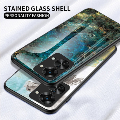 For OnePlus Nord 2T 5G Tempered Glass + PC Back TPU Frame Hybrid Cover Marble Pattern Shockproof Anti-scratch Phone Shell