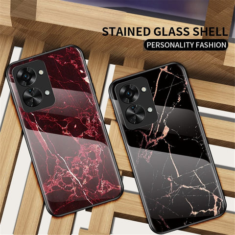For OnePlus Nord 2T 5G Tempered Glass + PC Back TPU Frame Hybrid Cover Marble Pattern Shockproof Anti-scratch Phone Shell