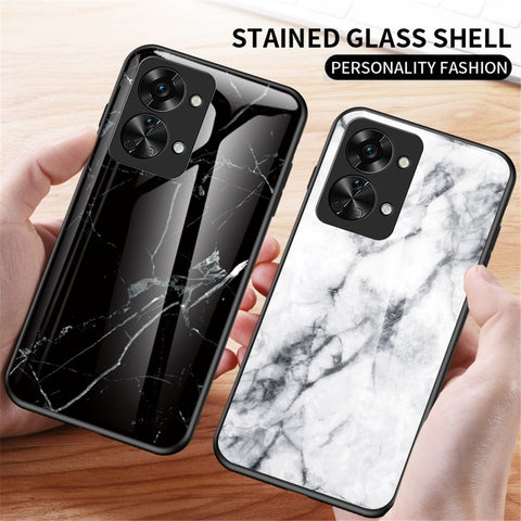 For OnePlus Nord 2T 5G Tempered Glass + PC Back TPU Frame Hybrid Cover Marble Pattern Shockproof Anti-scratch Phone Shell