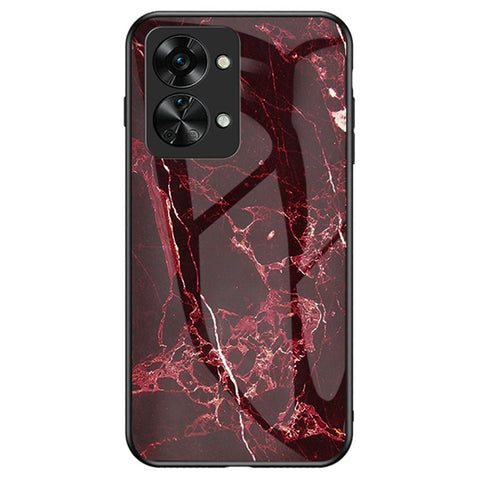 For OnePlus Nord 2T 5G Tempered Glass + PC Back TPU Frame Hybrid Cover Marble Pattern Shockproof Anti-scratch Phone Shell