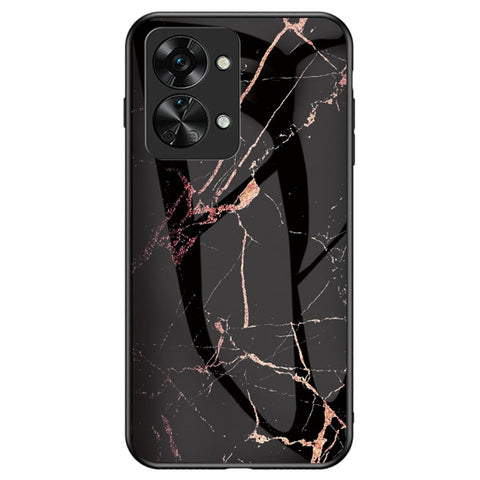 For OnePlus Nord 2T 5G Tempered Glass + PC Back TPU Frame Hybrid Cover Marble Pattern Shockproof Anti-scratch Phone Shell