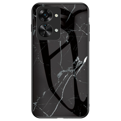 For OnePlus Nord 2T 5G Tempered Glass + PC Back TPU Frame Hybrid Cover Marble Pattern Shockproof Anti-scratch Phone Shell