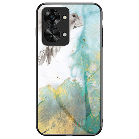 For OnePlus Nord 2T 5G Tempered Glass + PC Back TPU Frame Hybrid Cover Marble Pattern Shockproof Anti-scratch Phone Shell
