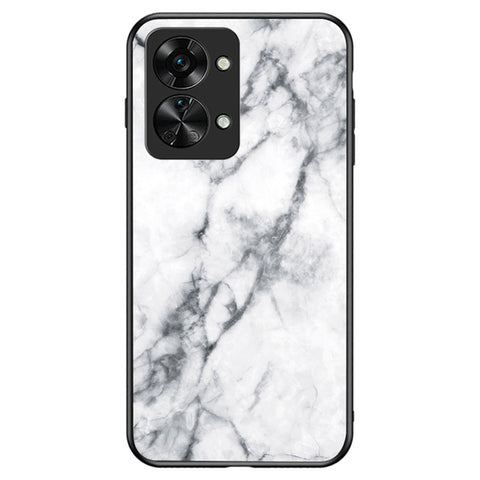 For OnePlus Nord 2T 5G Tempered Glass + PC Back TPU Frame Hybrid Cover Marble Pattern Shockproof Anti-scratch Phone Shell
