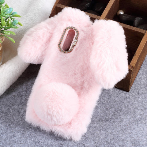 Rabbit Shape Fluffy Fur Coated Rhinestone TPU Back Phone Case for Huawei P20