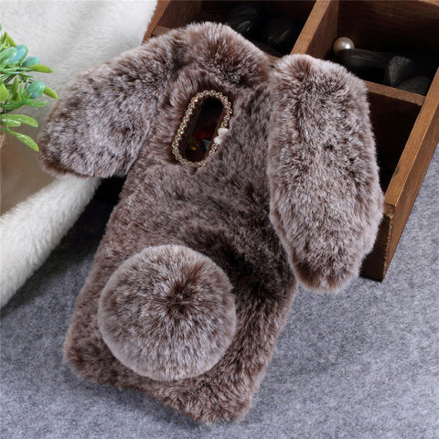 Rabbit Shape Fluffy Fur Coated Rhinestone TPU Back Phone Case for Huawei P20