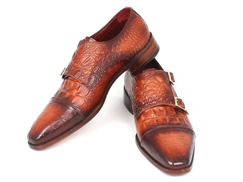 Paul Parkman Men's Double Monkstrap Brown Crocodile Embossed Calfskin (ID#PP2280)