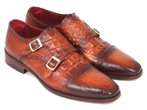 Paul Parkman Men's Double Monkstrap Brown Crocodile Embossed Calfskin (ID#PP2280)