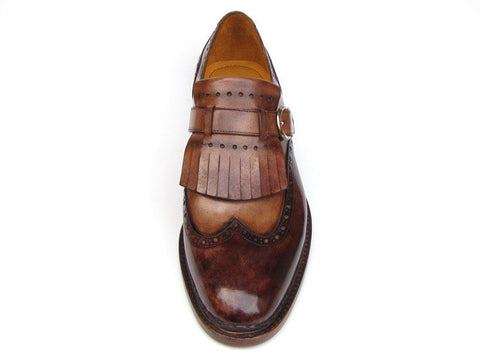 Paul Parkman Men's Wingtip Monkstrap Brogues Brown Hand-Painted Leather Upper With Double Leather Sole (ID#060-BRW)