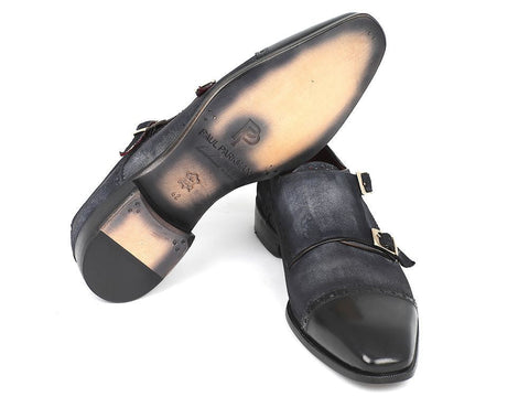 Paul Parkman Men's Captoe Double Monkstraps Navy Suede (ID#FK77W)