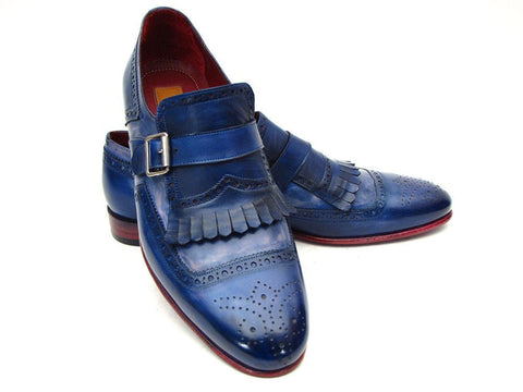 Paul Parkman Kiltie Monkstrap Shoes Dual Tone Blue Leather (ID#12BL78)