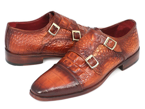 Paul Parkman Men's Double Monkstrap Brown Crocodile Embossed Calfskin (ID#PP2280)