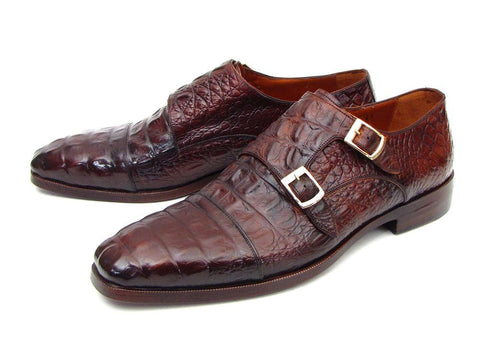 Paul Parkman Men's Double Monkstraps Brown & Bordeaux Crocodile Embossed Calfskin (ID#045FG12)