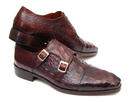 Paul Parkman Men's Double Monkstraps Brown & Bordeaux Crocodile Embossed Calfskin (ID#045FG12)