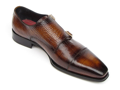 Paul Parkman Men's Brown Crocodile Embossed Calfskin Double Monkstrap (ID#045-APR-BRW)