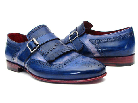 Paul Parkman Kiltie Monkstrap Shoes Dual Tone Blue Leather (ID#12BL78)