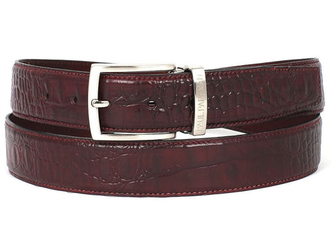 PAUL PARKMAN Men's Croc Embossed Calfskin Belt Dark Bordeaux (ID#B02-DBRD)