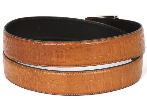 PAUL PARKMAN Men's Croc Embossed Calfskin Belt Camel (ID#B02-CML)