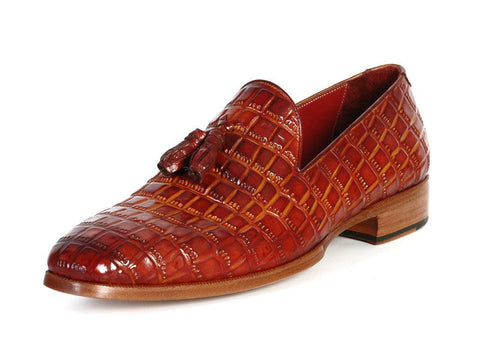 Paul Parkman Men's Reddish Camel Crocodile Embossed Calfskin Tassel Loafer (ID#0823-RDSH)