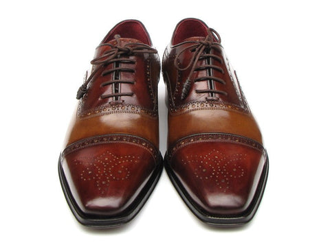 Paul Parkman Men's Captoe Oxfords - Camel / Red Hand-Painted Leather Upper and Leather Sole (ID#024-CML-BRD)